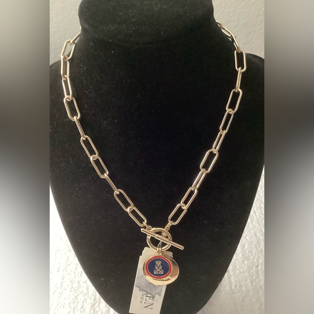 Lauren Ralph Lauren Nautical Logo Pendant 17” Necklace in Gold Tone